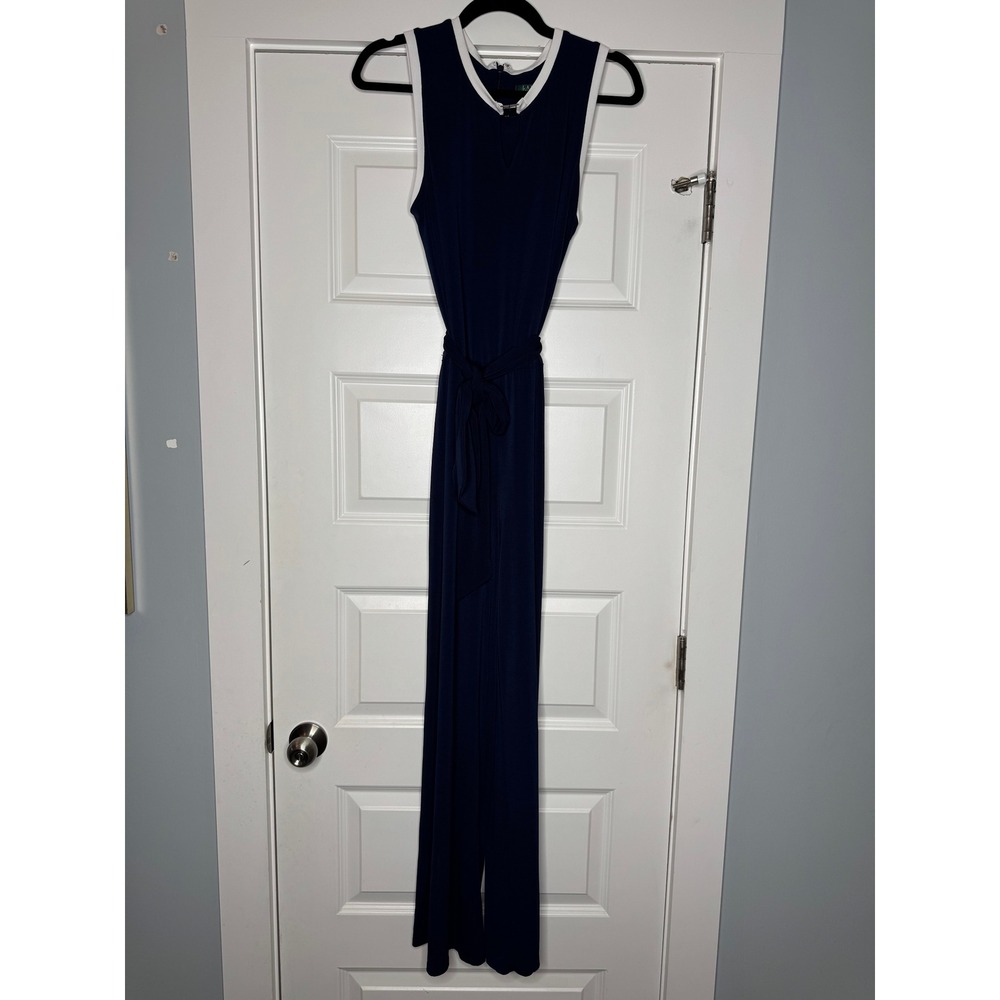 NWT Lauren Ralph Lauren Petite Large Navy Wide Leg Keyhole Neck Jumpsuit PL - Picture 2 of 7